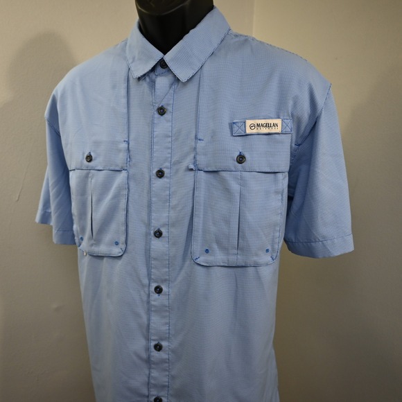 Magellan Vented Fishing Shirt Mens Large Relaxed Fit Blue Plaid Short Sleeve - Picture 3 of 15
